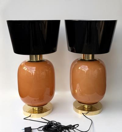 Contemporary Pair of Brass and Peach Murano Glass Black Shades Lamps Italy