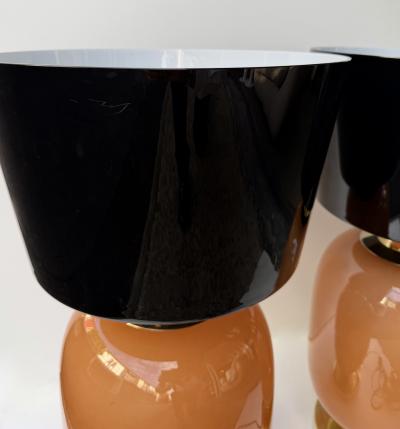 Contemporary Pair of Brass and Peach Murano Glass Black Shades Lamps Italy