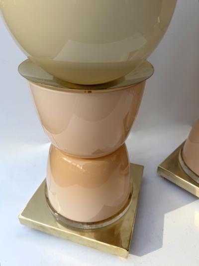 Contemporary Pair of Brass and Pink Powder Murano Glass Cup Lamps Italy