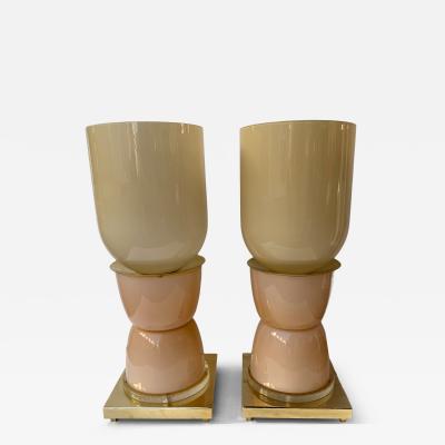 Contemporary Pair of Brass and Pink Powder Murano Glass Cup Lamps Italy