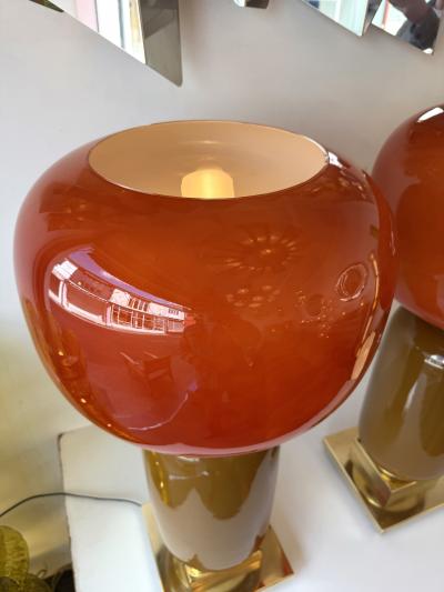 Contemporary Pair of Brass and Red Murano Glass Bulb Shade Lamps Italy