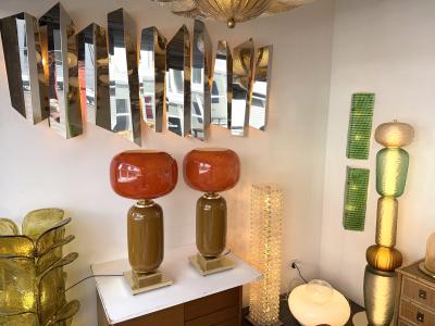 Contemporary Pair of Brass and Red Murano Glass Bulb Shade Lamps Italy