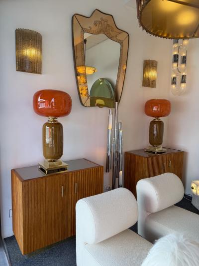 Contemporary Pair of Brass and Red Murano Glass Bulb Shade Lamps Italy