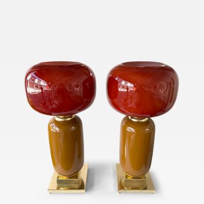 Contemporary Pair of Brass and Red Murano Glass Bulb Shade Lamps Italy