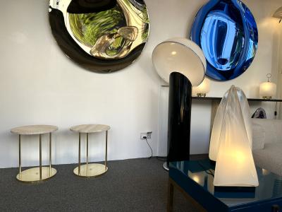 Contemporary Pair of Brass and Travertine Side Tables Italy