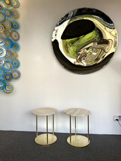 Contemporary Pair of Brass and Travertine Side Tables Italy