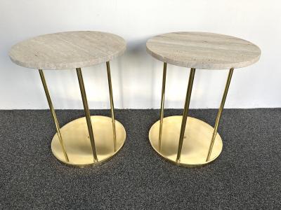 Contemporary Pair of Brass and Travertine Side Tables Italy