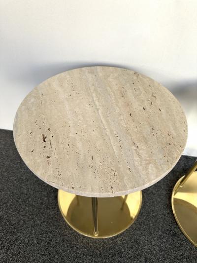 Contemporary Pair of Brass and Travertine Side Tables Italy