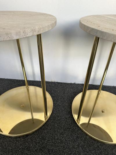 Contemporary Pair of Brass and Travertine Side Tables Italy