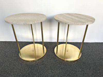Contemporary Pair of Brass and Travertine Side Tables Italy