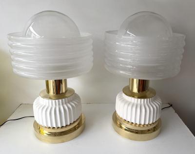 Contemporary Pair of Brass and White Murano Glass Wave Shades Lamps Italy