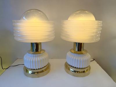 Contemporary Pair of Brass and White Murano Glass Wave Shades Lamps Italy