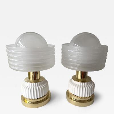 Contemporary Pair of Brass and White Murano Glass Wave Shades Lamps Italy
