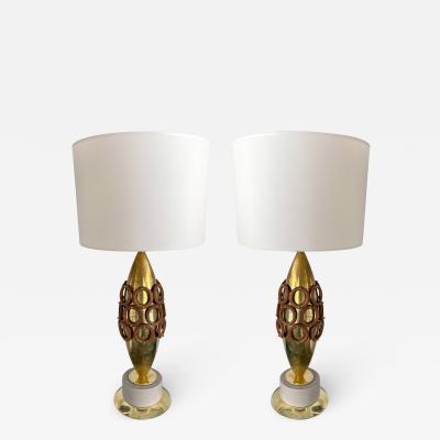 Contemporary Pair of Brass and Wood Rings Lamps Italy