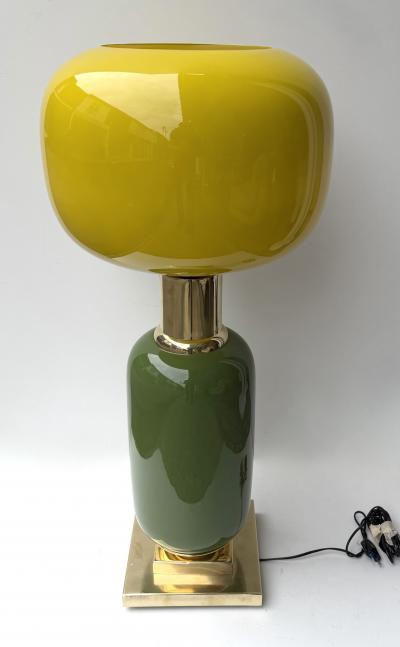 Contemporary Pair of Brass and Yellow Murano Glass Bulb Shade Lamps Italy