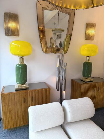 Contemporary Pair of Brass and Yellow Murano Glass Bulb Shade Lamps Italy
