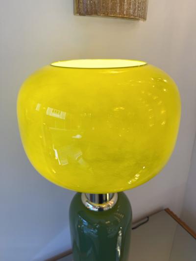 Contemporary Pair of Brass and Yellow Murano Glass Bulb Shade Lamps Italy
