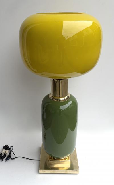 Contemporary Pair of Brass and Yellow Murano Glass Bulb Shade Lamps Italy