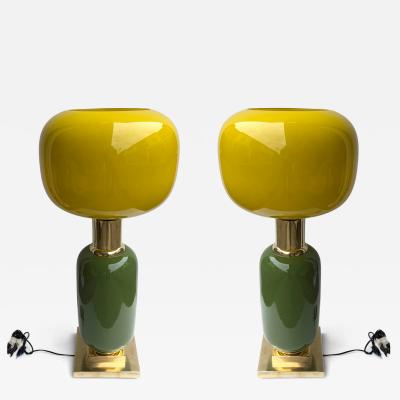 Contemporary Pair of Brass and Yellow Murano Glass Bulb Shade Lamps Italy