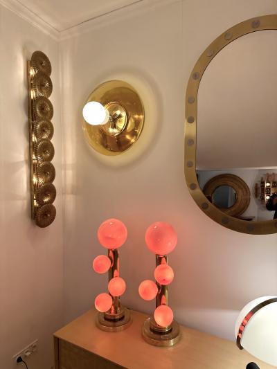 Contemporary Pair of Brass and Yellow Murano Glass UFO Sconces Italy