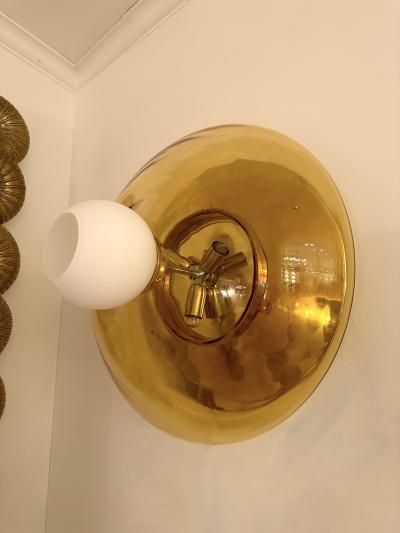 Contemporary Pair of Brass and Yellow Murano Glass UFO Sconces Italy