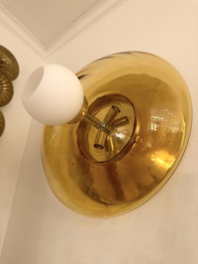 Contemporary Pair of Brass and Yellow Murano Glass UFO Sconces Italy