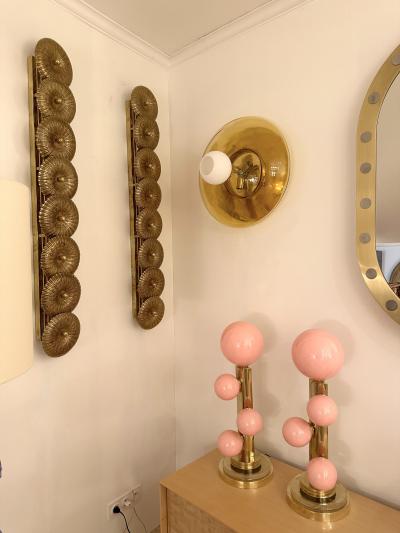 Contemporary Pair of Brass and Yellow Murano Glass UFO Sconces Italy