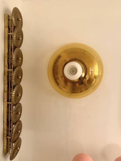 Contemporary Pair of Brass and Yellow Murano Glass UFO Sconces Italy