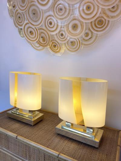 Contemporary Pair of Brass and Yellow Murano Glass Vase Flame Lamps Italy