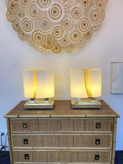 Contemporary Pair of Brass and Yellow Murano Glass Vase Flame Lamps Italy