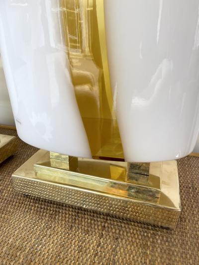 Contemporary Pair of Brass and Yellow Murano Glass Vase Flame Lamps Italy