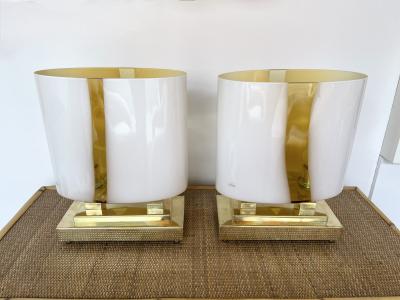 Contemporary Pair of Brass and Yellow Murano Glass Vase Flame Lamps Italy
