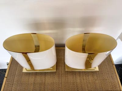 Contemporary Pair of Brass and Yellow Murano Glass Vase Flame Lamps Italy