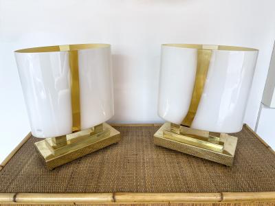 Contemporary Pair of Brass and Yellow Murano Glass Vase Flame Lamps Italy