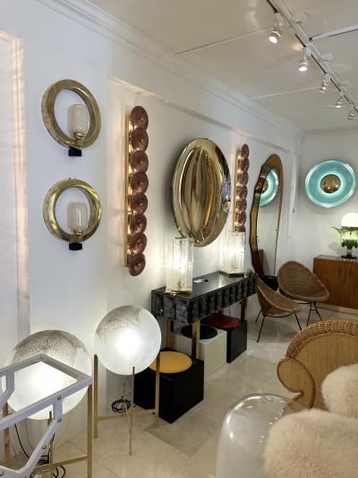 Contemporary Pair of Circle Brass and Murano Glass Sconces Italy