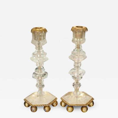 Contemporary Pair of Finely Carved Clear Rock Crystal Quartz Candlesticks