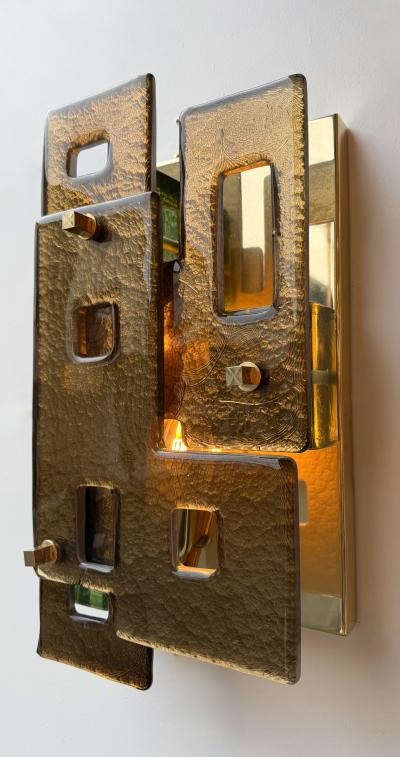 Contemporary Pair of Geometry Cola Murano Glass and Brass Sconces Italy