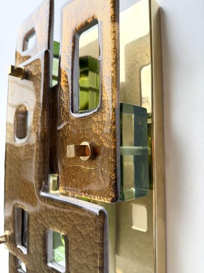 Contemporary Pair of Geometry Cola Murano Glass and Brass Sconces Italy
