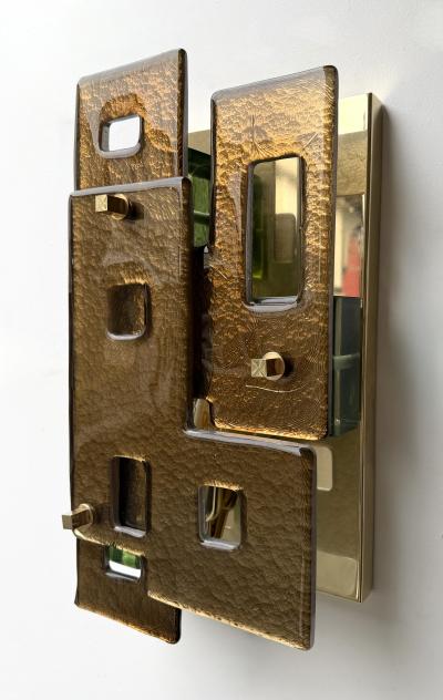 Contemporary Pair of Geometry Cola Murano Glass and Brass Sconces Italy