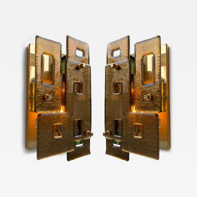 Contemporary Pair of Geometry Cola Murano Glass and Brass Sconces Italy