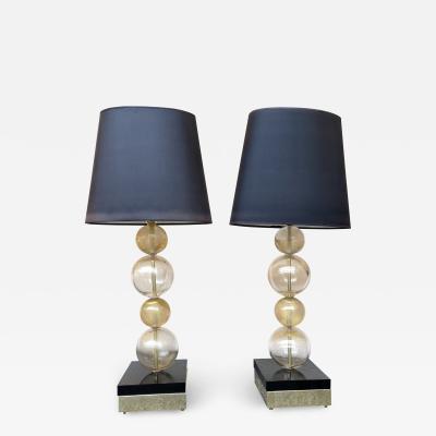 Contemporary Pair of Gold Bubble Murano Glass and Brass Lamps Italy