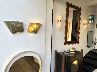 Contemporary Pair of Green Eyes Murano Glass and Brass Sconces Italy