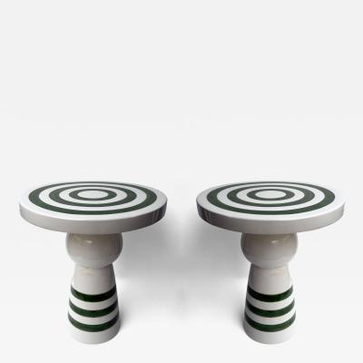 Contemporary Pair of Green and White Ceramic Stripe Side Tables Italy