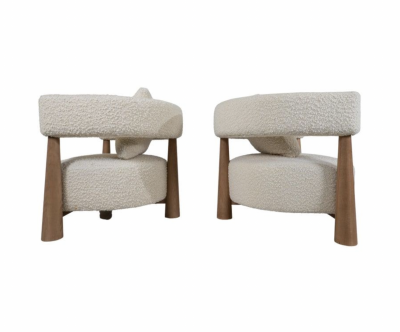Contemporary Pair of Italian Armchairs Wood and White Boucle