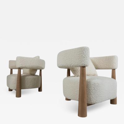Contemporary Pair of Italian Armchairs Wood and White Boucle
