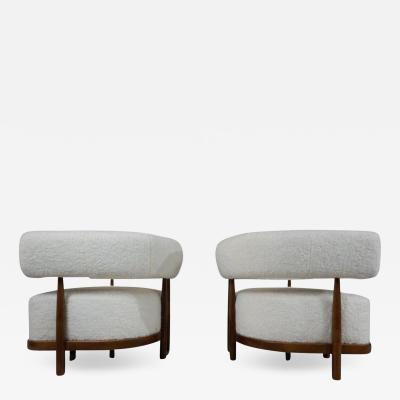 Contemporary Pair of Italian Armchairs Wood and White Boucle Fabric