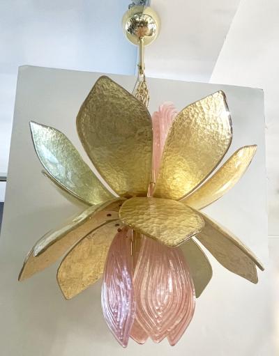 Contemporary Pair of Italian Pink Gold Murano Glass Brass Flower Chandeliers