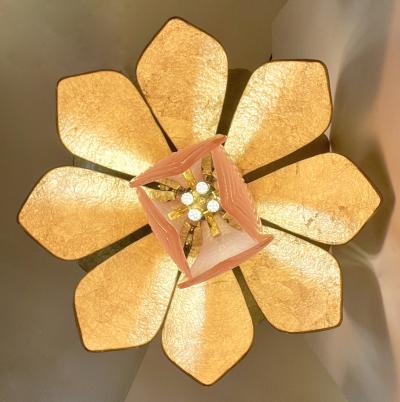 Contemporary Pair of Italian Pink Gold Murano Glass Brass Flower Chandeliers