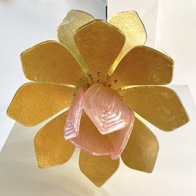 Contemporary Pair of Italian Pink Gold Murano Glass Brass Flower Chandeliers