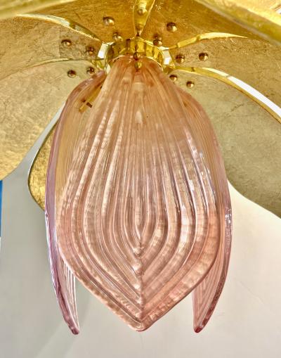 Contemporary Pair of Italian Pink Gold Murano Glass Brass Flower Chandeliers